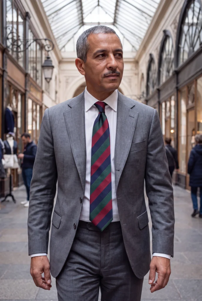 Cravate rouge à rayures blocs en soie, portée avec une chemise et un costume.