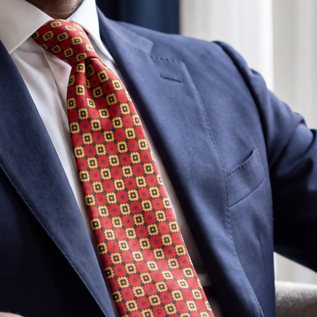 Cravate rouge en soie, détail recadré du motif et du tissu de la vue portée.