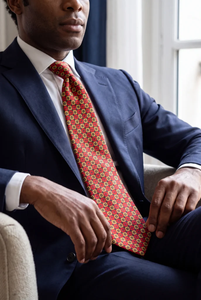 Cravate rouge en soie, portée avec une chemise et un costume.