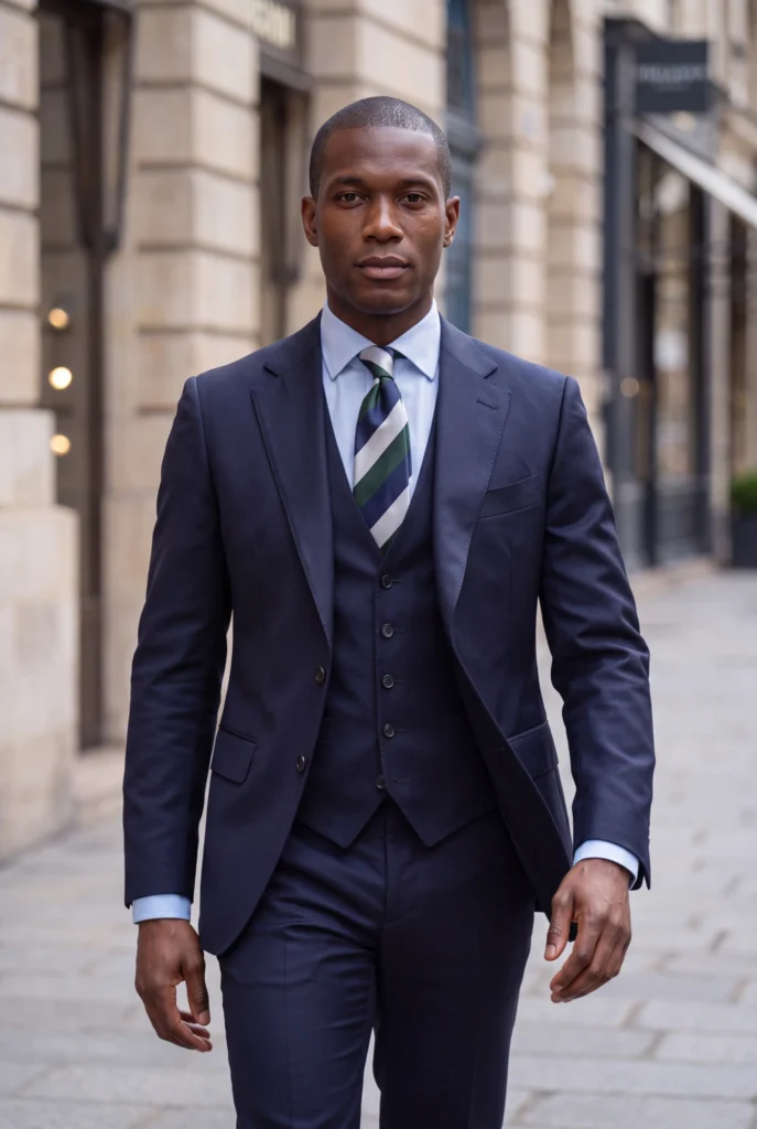 Cravate vert bleu rayures blocs en soie, portée avec une chemise et un costume.