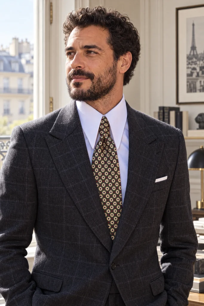 Cravate verte en soie, portée avec une chemise et un costume.