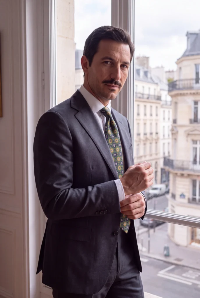 Cravate verte motif cachemire en soie, portée avec une chemise et un costume.
