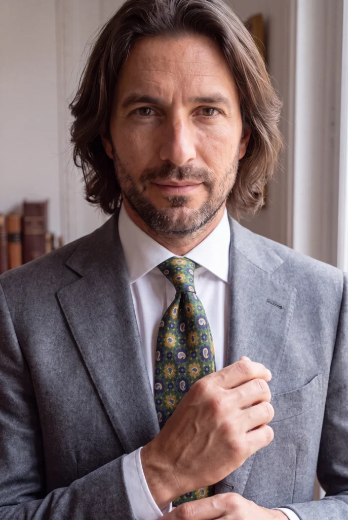 Cravate verte motif cachemire en soie, portée avec une chemise et une veste, vue rapprochée.