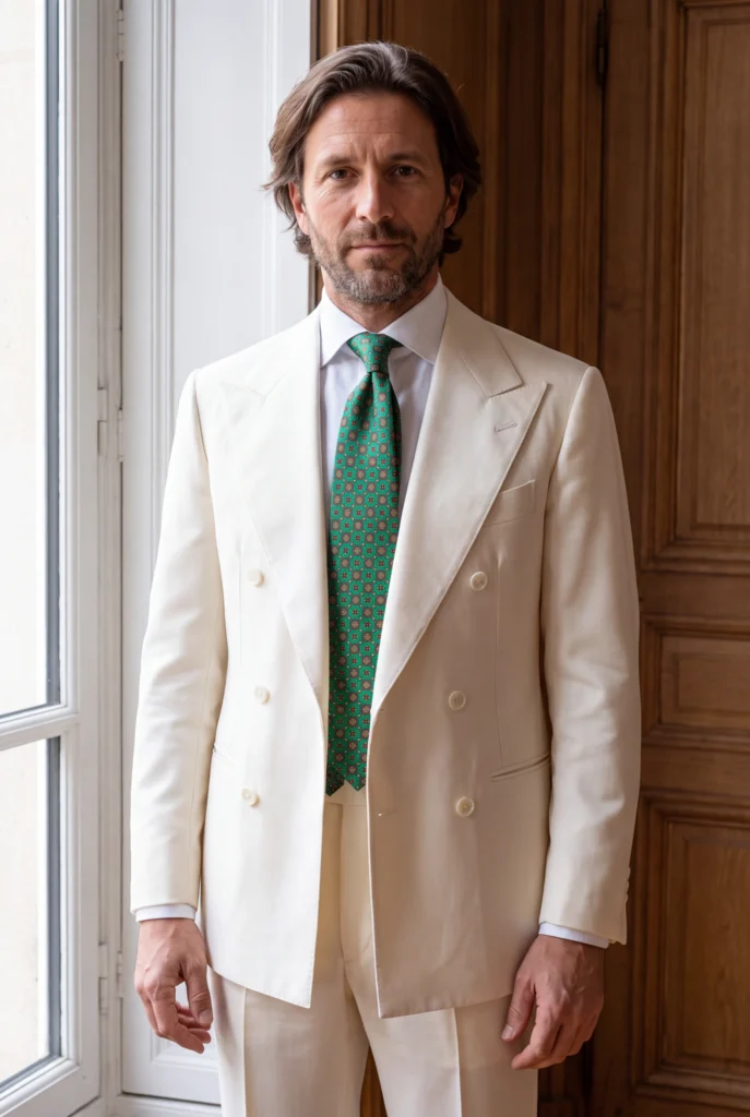 Cravate verte motif géométrique en soie, portée avec une chemise et un costume.