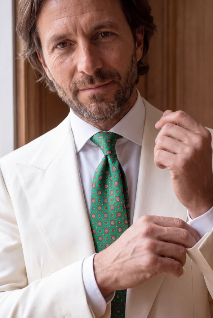 Cravate verte motif géométrique en soie, portée avec une chemise et une veste, vue rapprochée.
