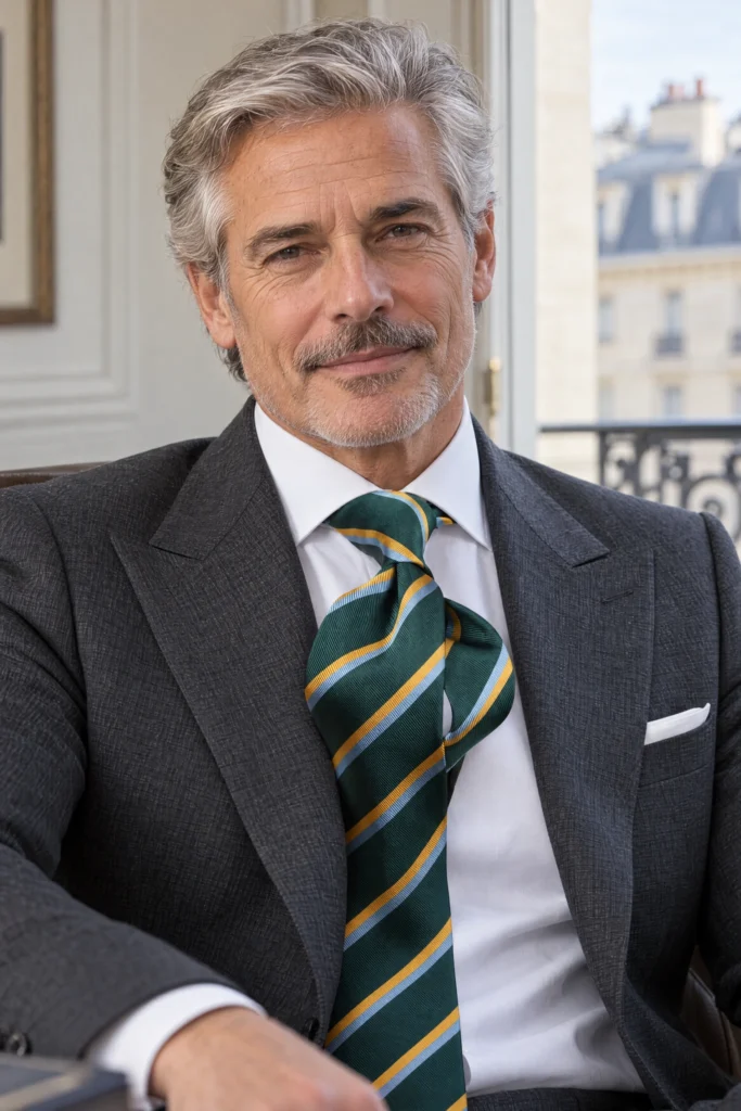 Cravate verte rayures jaune et bleu en soie, portée avec une chemise et un costume.