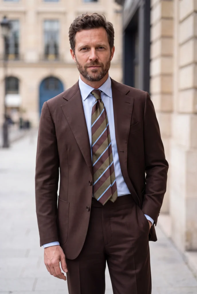 Cravate verte rayures marron et bleu ciel en soie, portée avec une chemise et un costume.