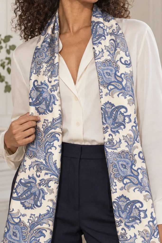 Écharpe tubulaire en soie blanc cassé, motif cachemire bleu, détail recadré du motif et du tissu de la vue portée.
