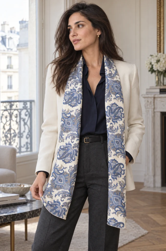 Écharpe tubulaire en soie blanc cassé, motif cachemire bleu, drapée sans nœud sur une veste par une femme.