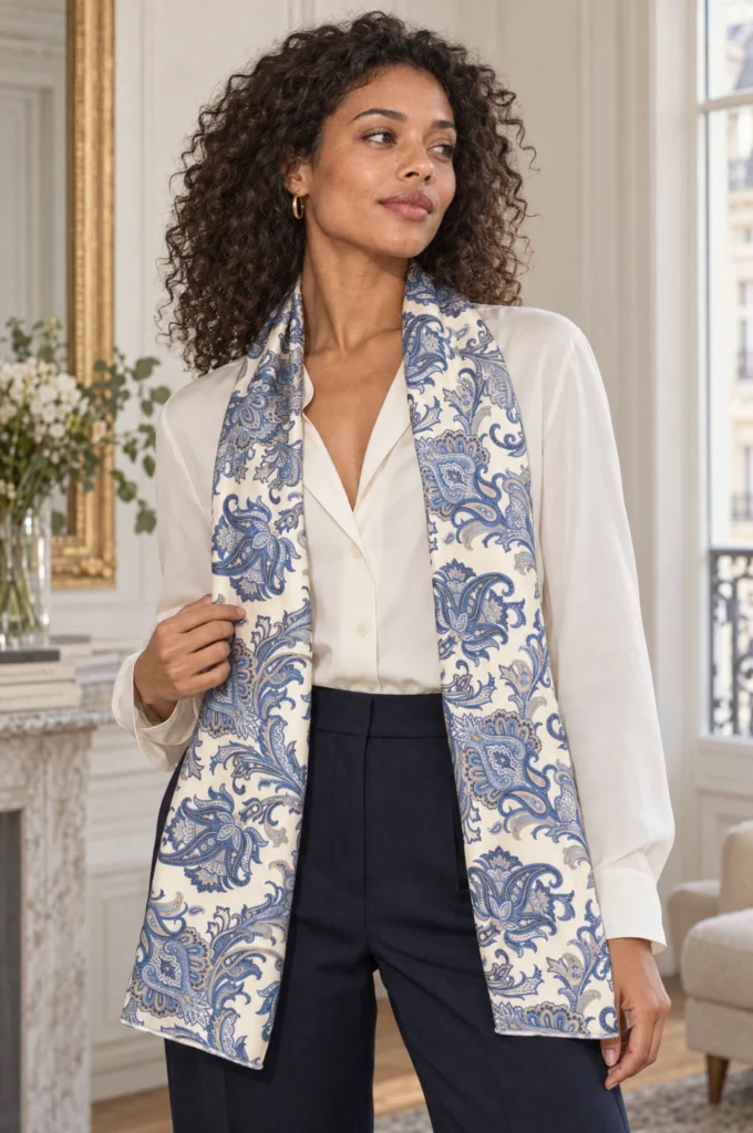 Écharpe tubulaire en soie blanc cassé, motif cachemire bleu, drapée sans nœud sur une chemise par une femme.