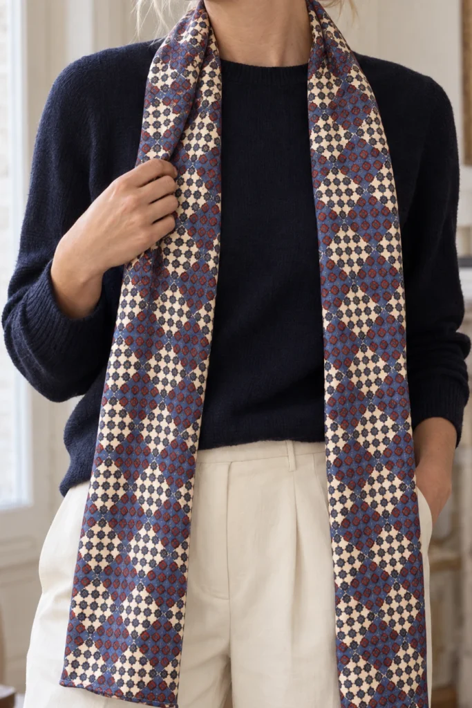 Midnight blue paisley tubular silk scarf, cropped detail of the pattern and fabric in the styling image.