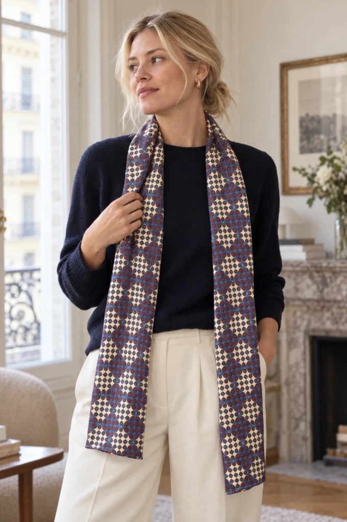 Midnight blue paisley tubular silk scarf, draped loosely over a jacket by a woman.
