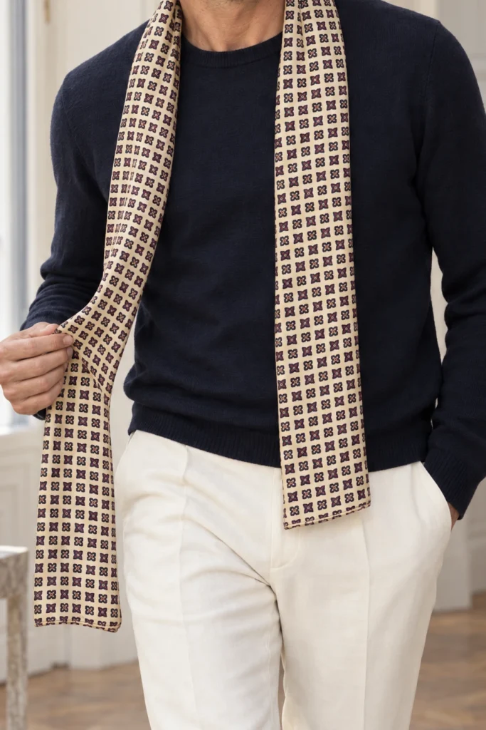 Ivory geometric tubular silk scarf, cropped detail of the pattern and fabric in the styling image.
