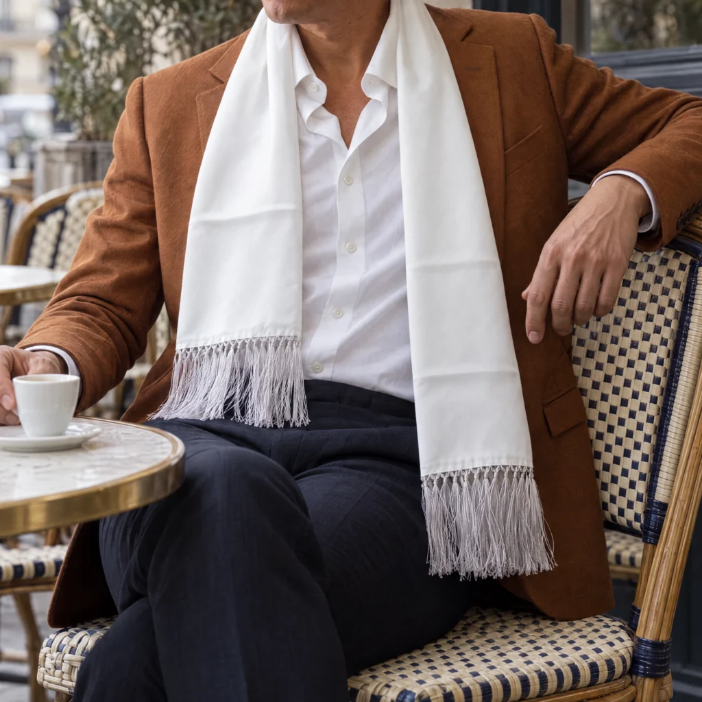 Foulard en soie blanc, satin uni, détail recadré du motif et du tissu de la vue portée.