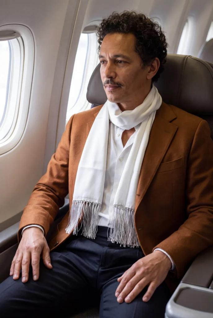 Foulard en soie blanc, satin uni, drapé autour du cou par un homme.