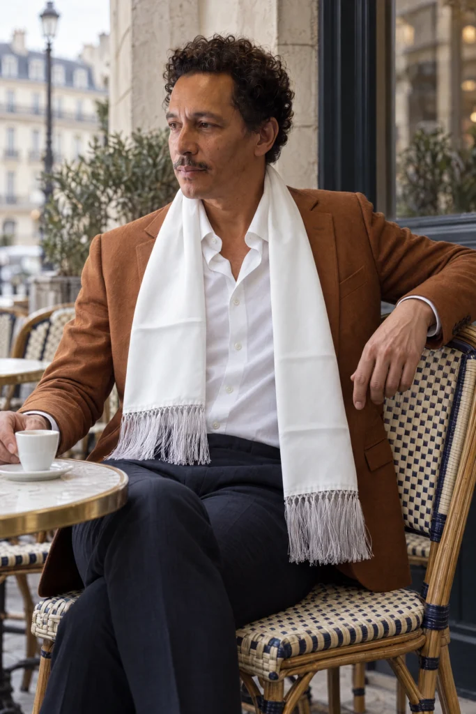 Foulard en soie blanc, satin uni, drapé autour du cou par un homme.