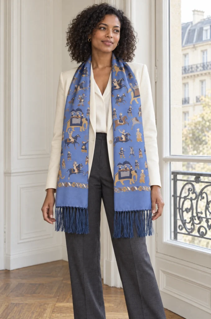 Foulard en soie bleu ciel, motif personnages, drapé autour du cou par une femme.