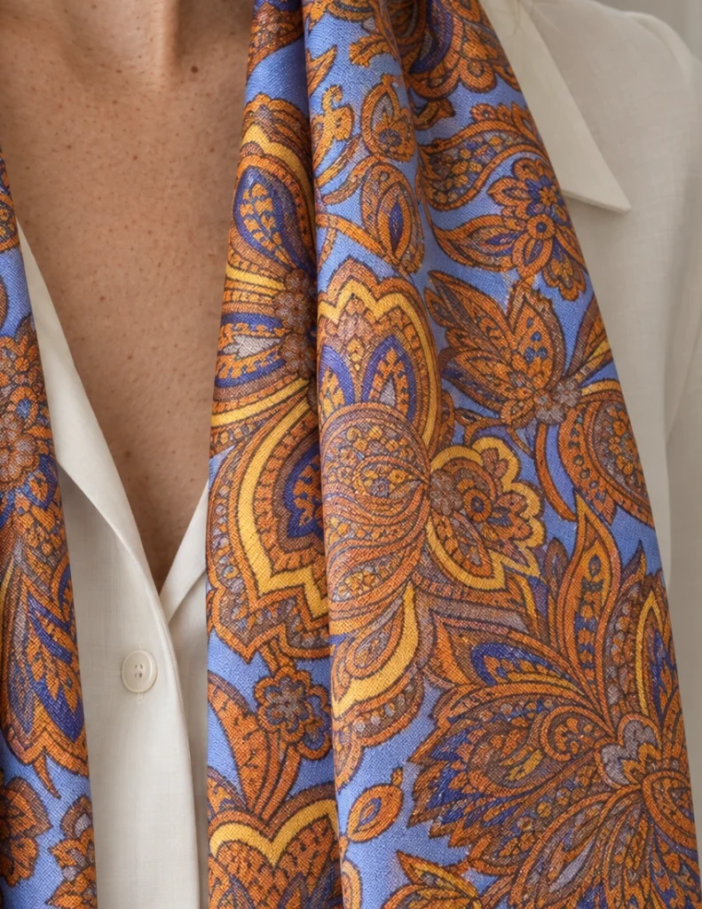 Foulard en soie bleu clair, motif cachemire, détail recadré du motif et du tissu de la vue portée.