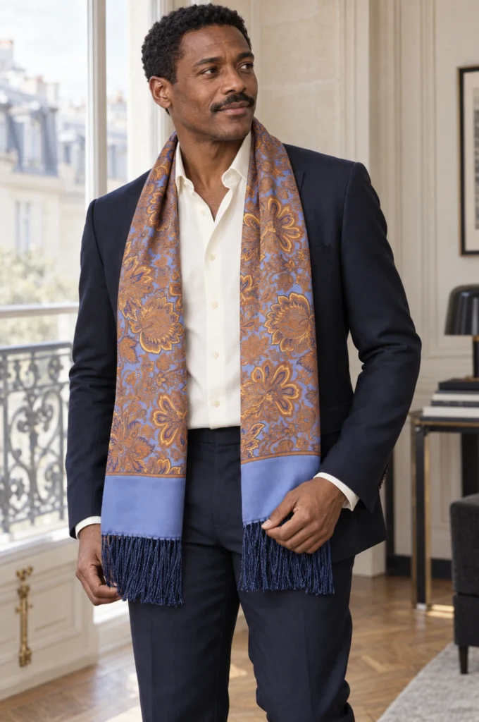 Foulard en soie bleu clair, motif cachemire, drapé sans nœud sur une veste par un homme.