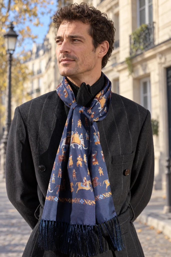 Foulard en soie bleu marine, motif personnages, drapé autour du cou par un homme.