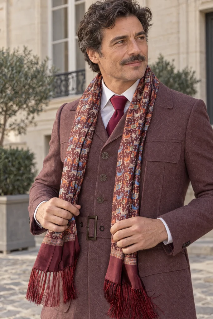 Foulard en soie bordeaux, motif éléphants, drapé autour du cou par un homme.