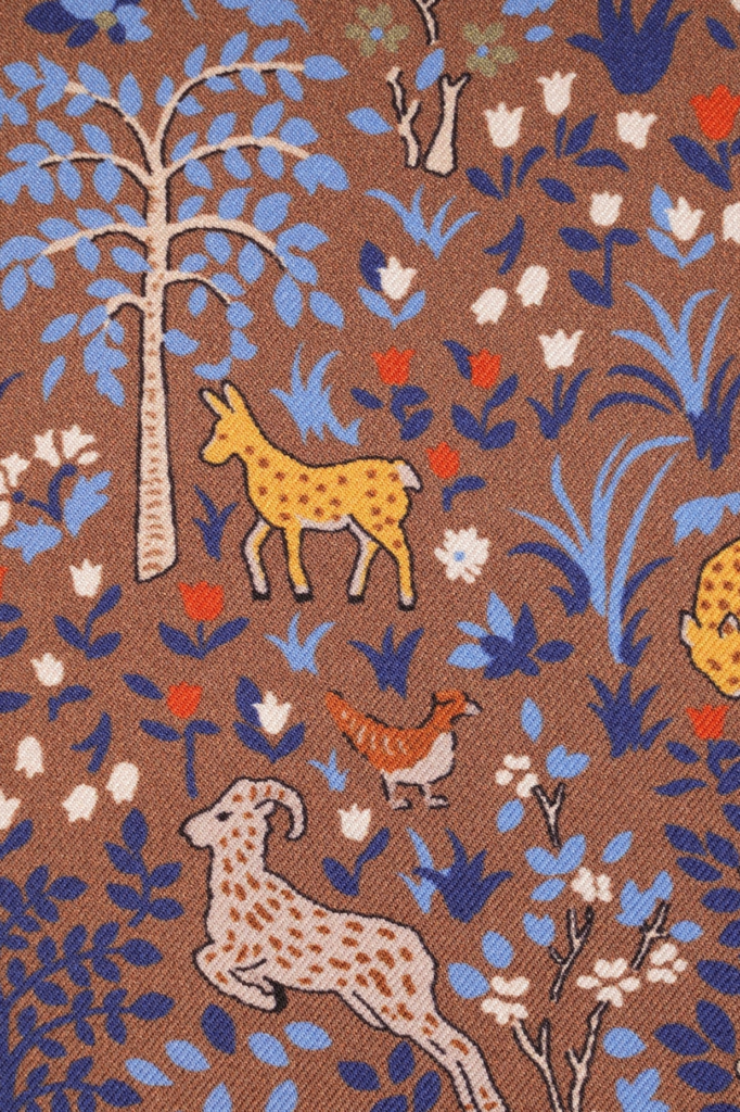 Camel silk scarf with Tree of Life pattern, detail of the Tree of Life design and printed silk.