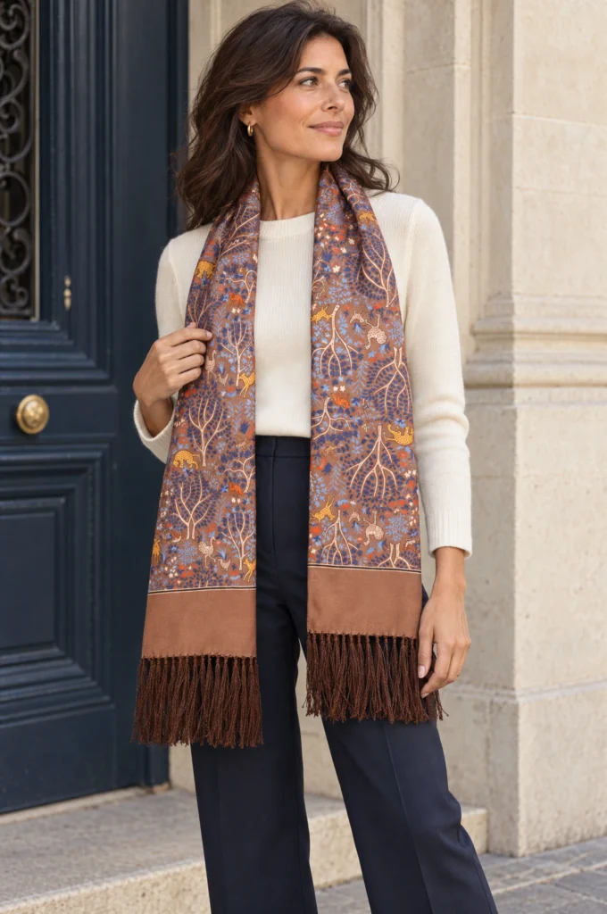 Foulard en soie camel, motif arbre de vie, drapé sans nœud sur une chemise par une femme.