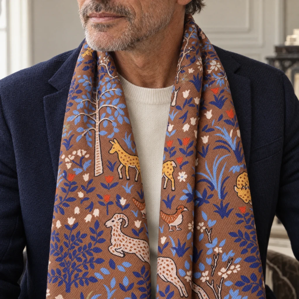 Foulard en soie camel, motif arbre de vie, drapé autour du cou d’un homme, vue rapprochée du motif.