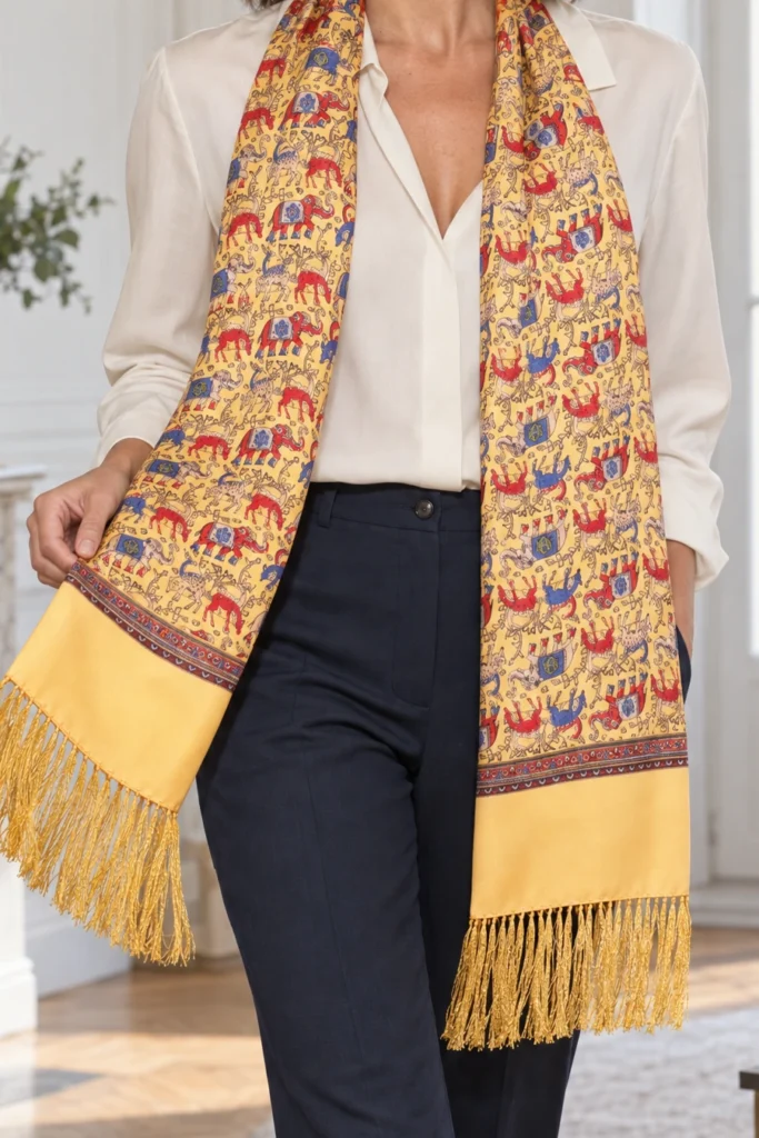 Yellow silk scarf with elephant pattern, cropped detail of the pattern and fabric in the styling image.