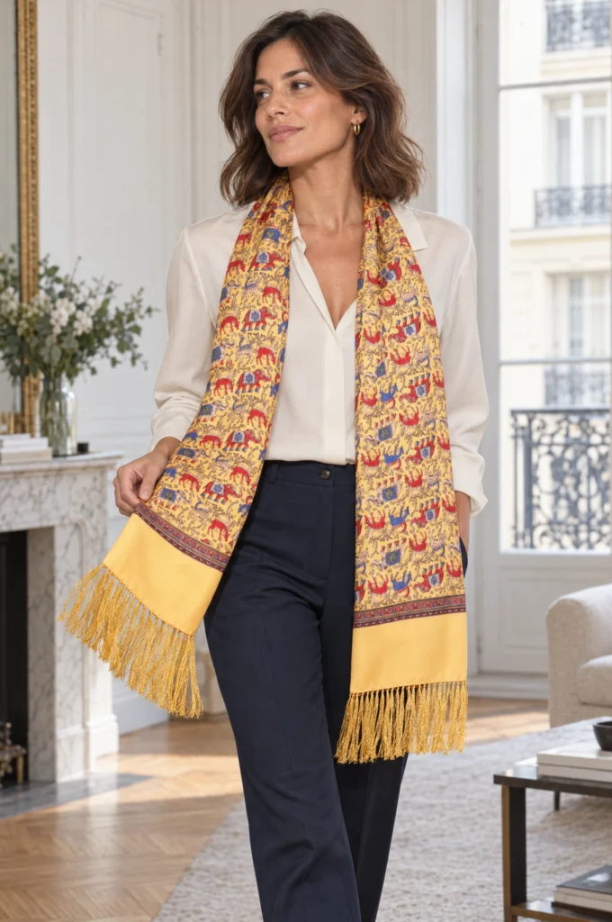 Yellow silk scarf with elephant pattern, draped around a woman’s neck.