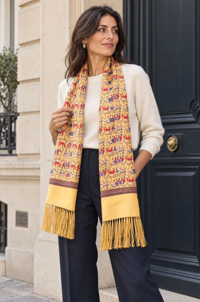 Yellow silk scarf with elephant pattern, draped around a woman’s neck.
