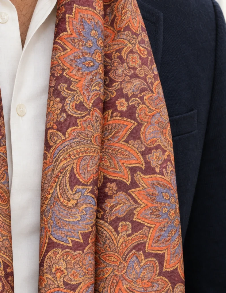 Foulard en soie marron, motif cachemire, détail recadré du motif et du tissu de la vue portée.