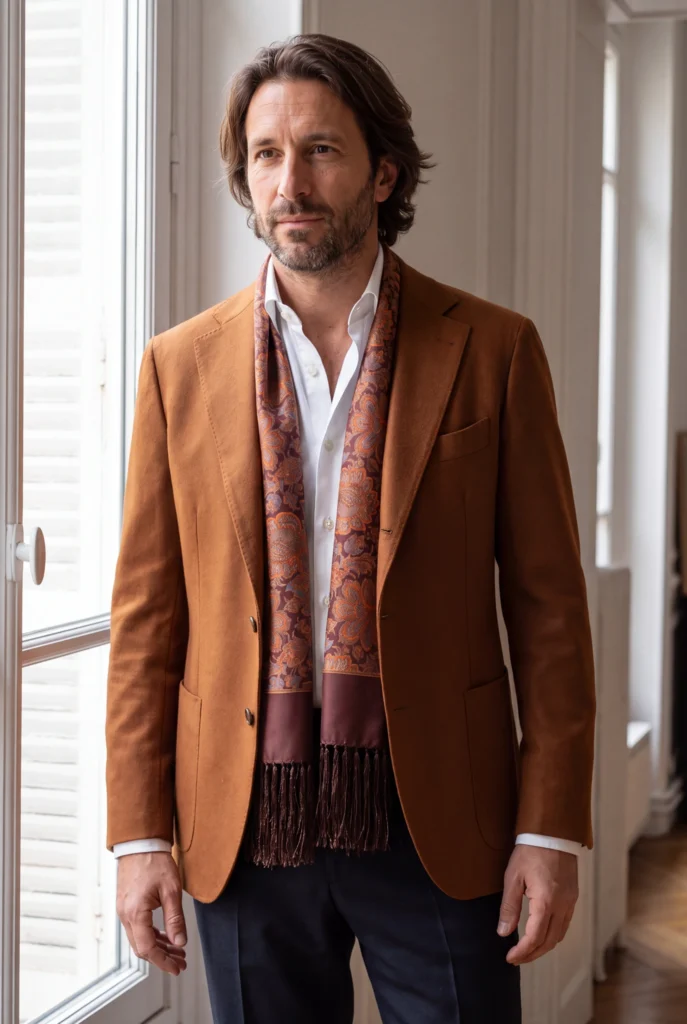 Foulard en soie marron, motif cachemire, drapé autour du cou par un homme.