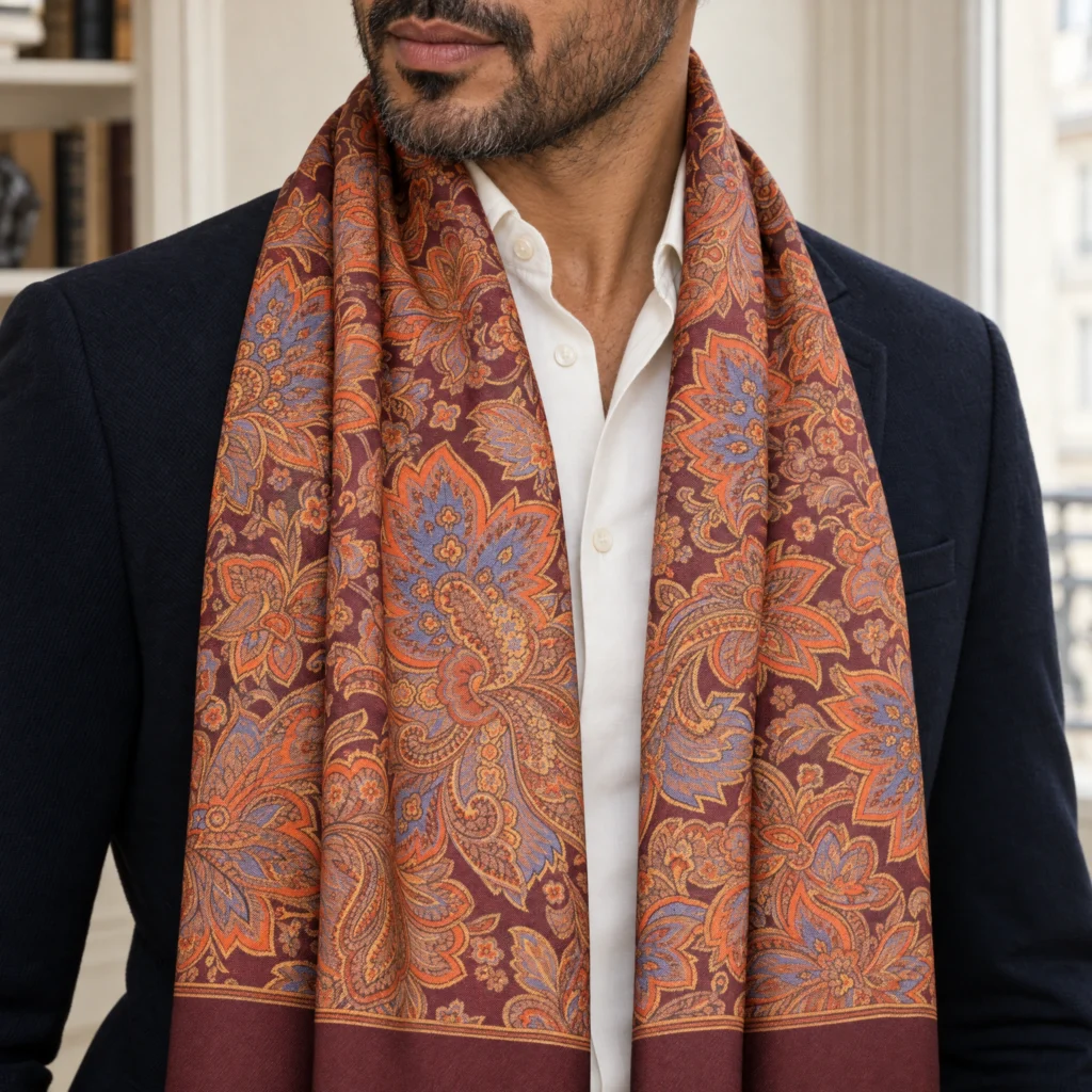 Foulard en soie marron, motif cachemire, drapé autour du cou par un homme.