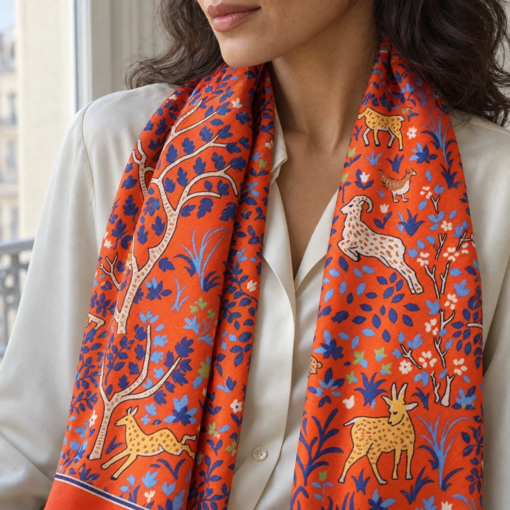 Foulard en soie orange, motif arbre de vie, drapé autour du cou d’une femme, vue rapprochée du motif.