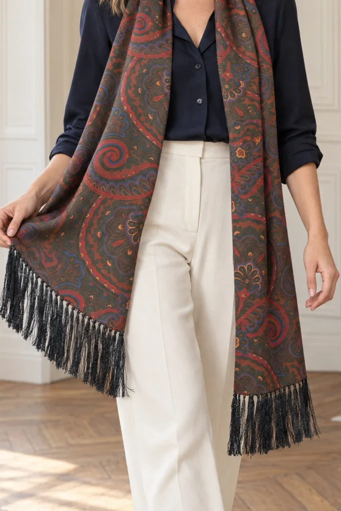 Foulard en soie vert kaki, motif cachemire, détail recadré du motif et du tissu de la vue portée.