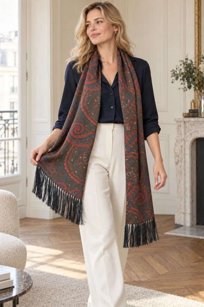 Foulard en soie vert kaki, motif cachemire, drapé autour du cou par une femme.