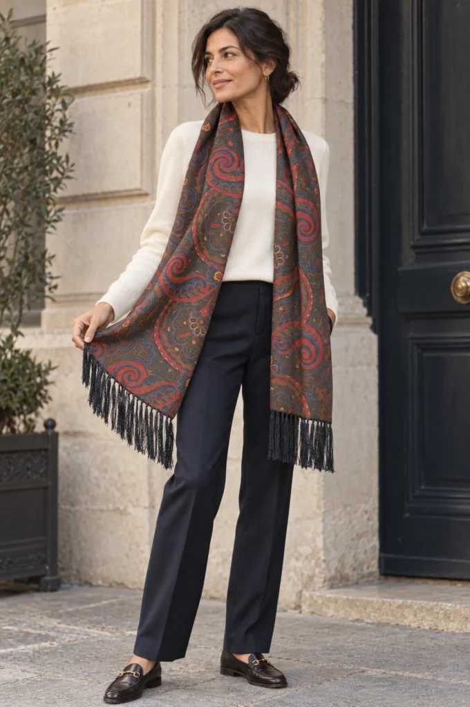 Foulard en soie vert kaki, motif cachemire, drapé autour du cou par une femme.