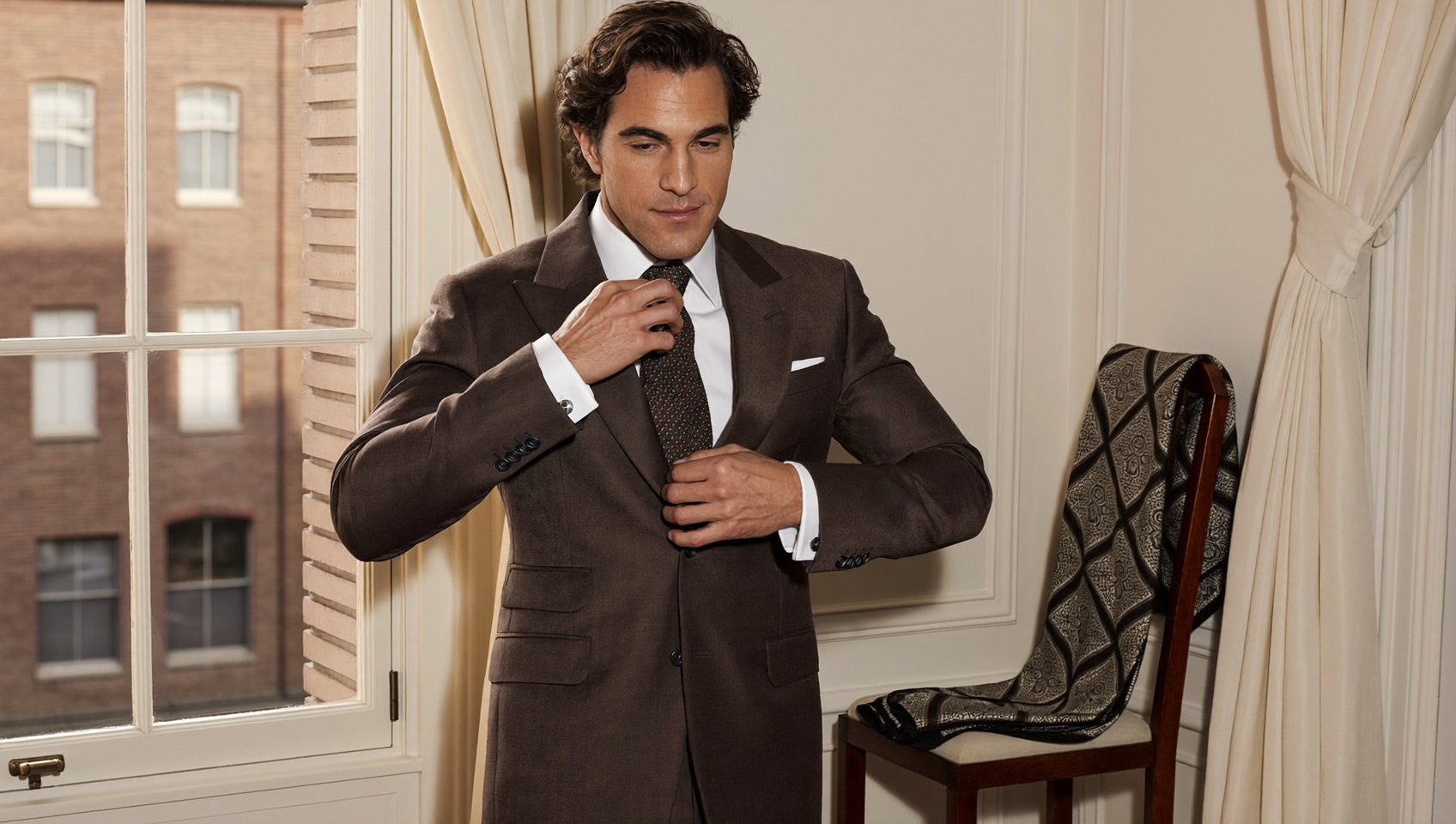 Homme en costume marron ajustant une cravate en soie texturée, inspiration Pitti Uomo 2027