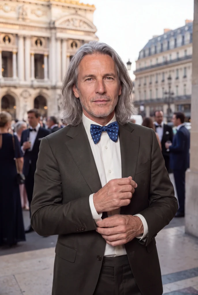 Nœud papillon bleu ciel à pois soie imprimée, porté avec une chemise et une tenue habillée.