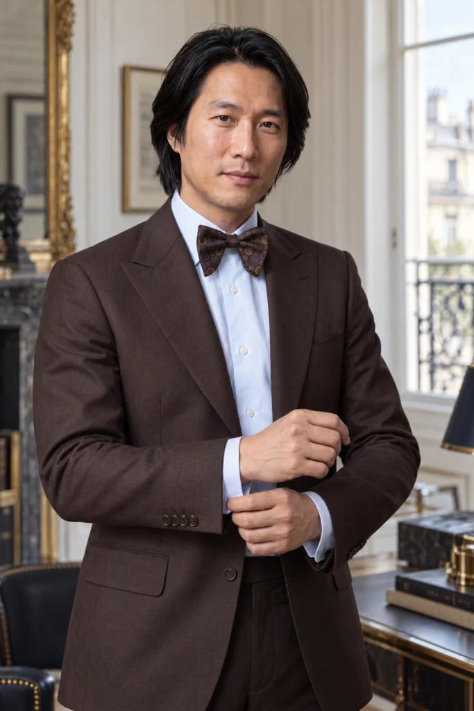 Nœud papillon marron soie imprimée, porté avec une chemise et une tenue habillée.