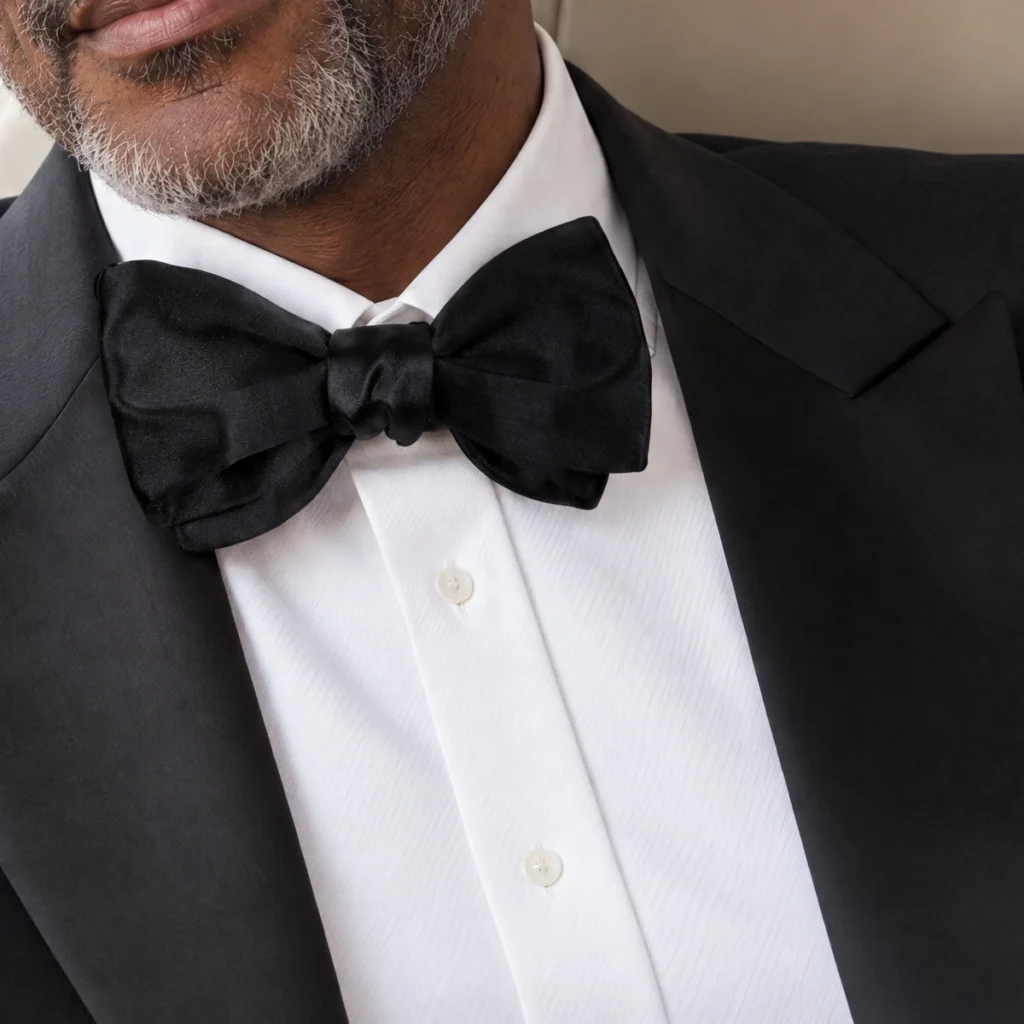 Nœud papillon noir satin de soie, détail recadré du motif et du tissu de la vue portée.