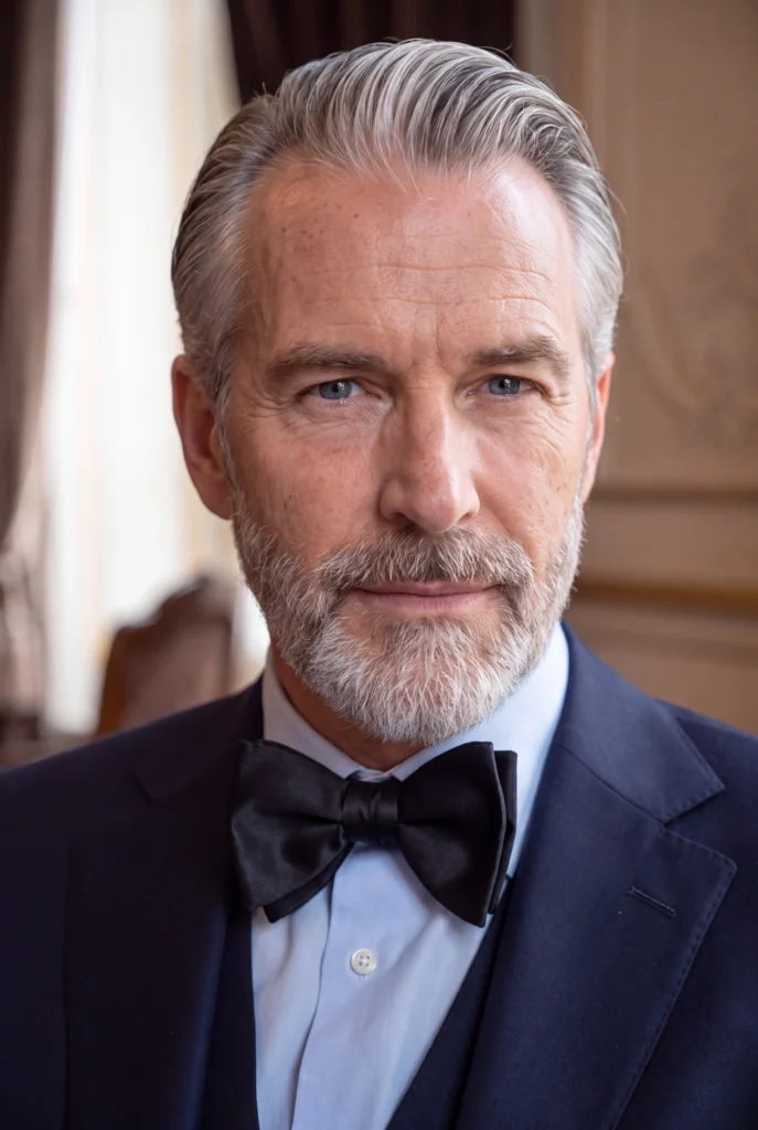 Nœud papillon noir soie artisanale, porté au col d’une chemise avec une veste, vue rapprochée.