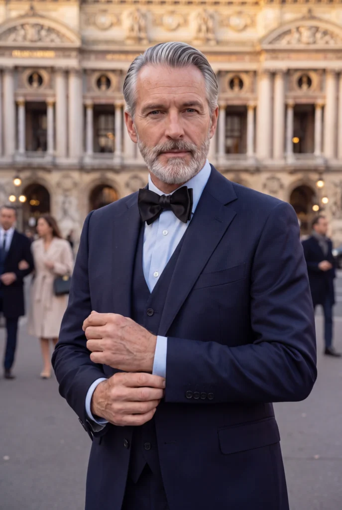 Nœud papillon noir soie artisanale, porté avec une chemise et une tenue habillée.