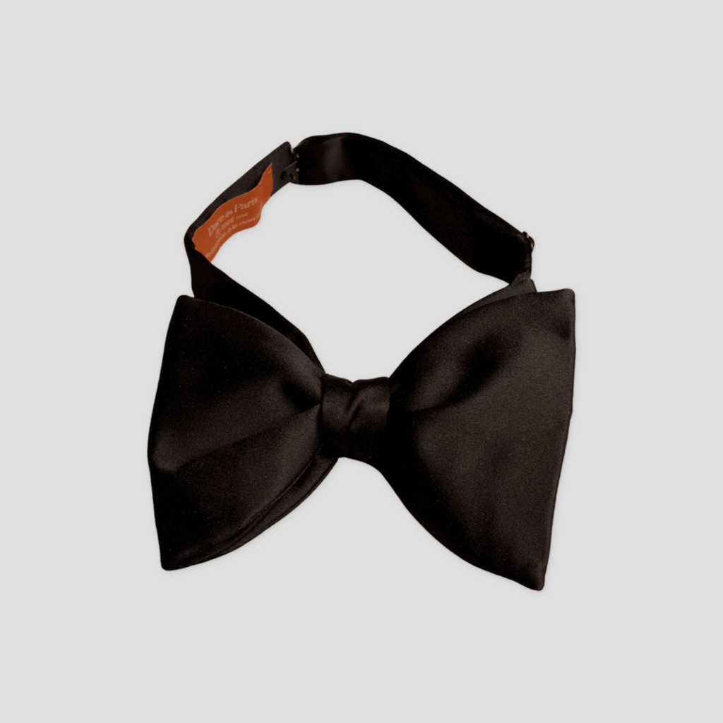 Nœud papillon noir soie artisanale, Le Dare in Paris, présenté seul sur fond gris clair, avec sa bande de cou.