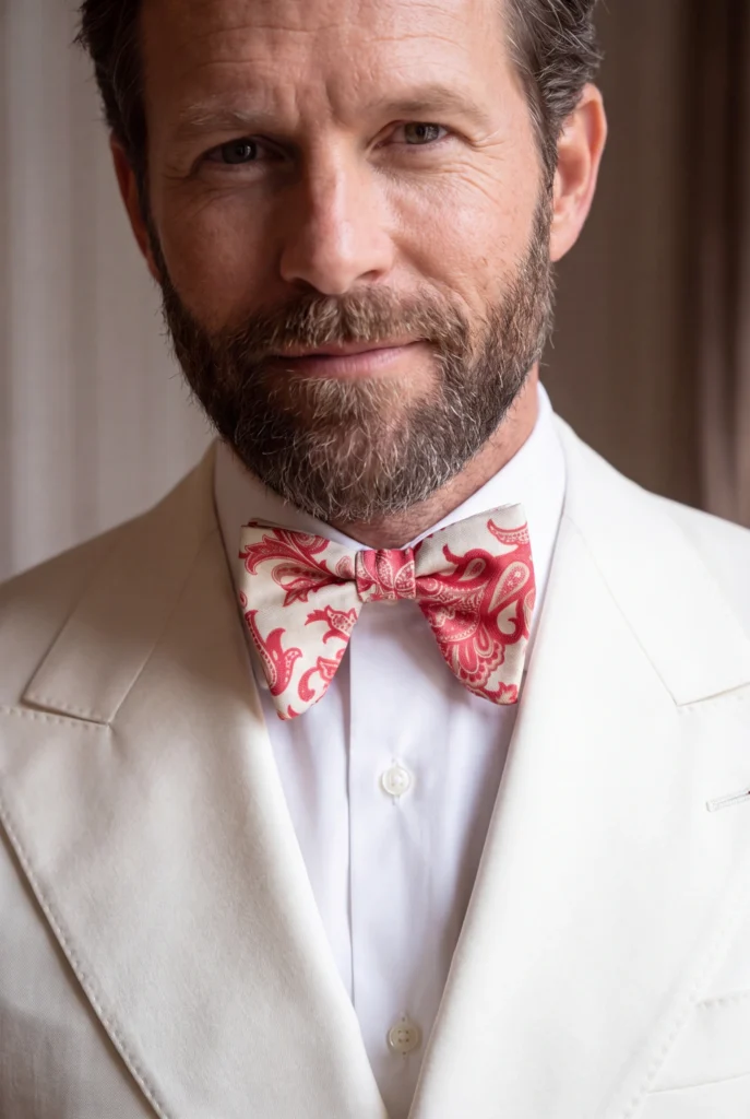Nœud papillon rose soie imprimée, porté au col d’une chemise avec une veste, vue rapprochée.