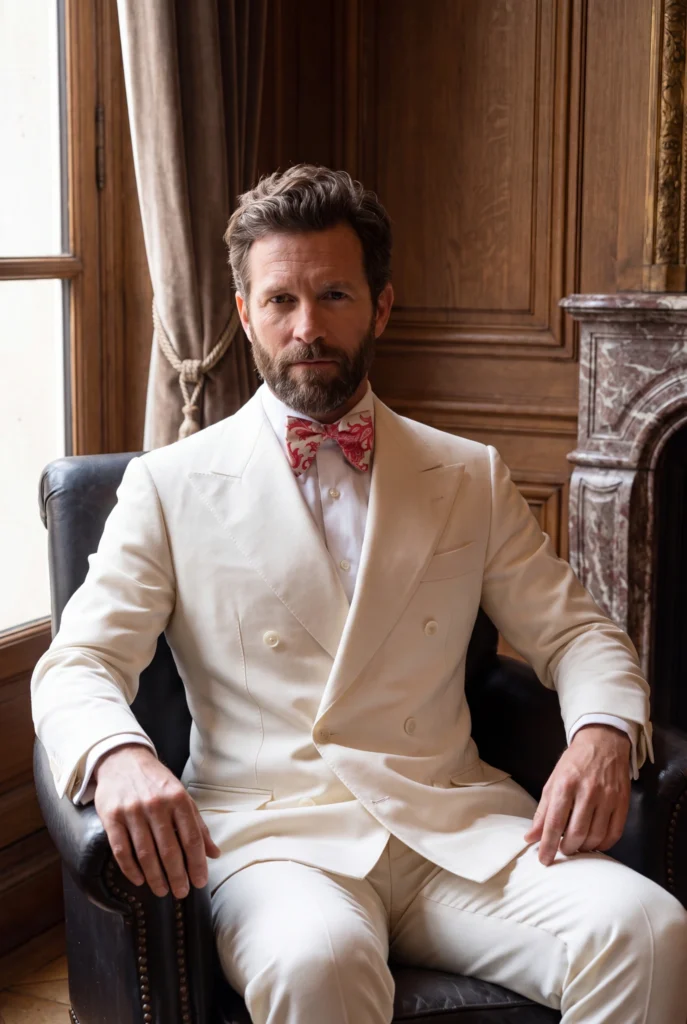 Nœud papillon rose soie imprimée, porté avec une chemise et une tenue habillée.
