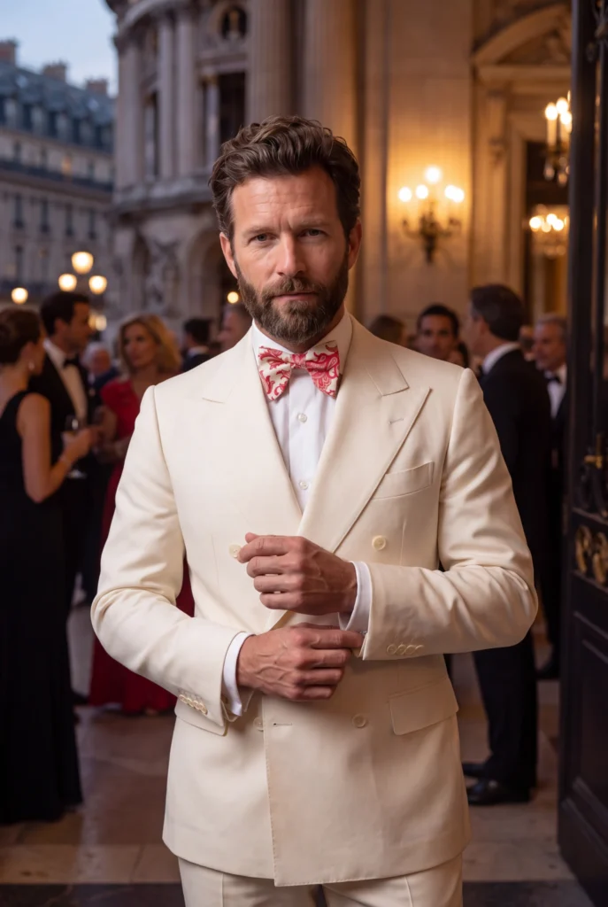 Nœud papillon rose soie imprimée, porté avec une chemise et une tenue habillée.