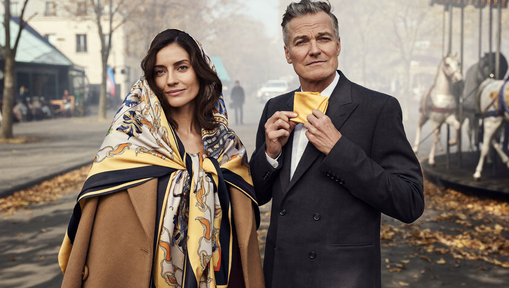 Une femme et un homme portent le carré de soie tendance de l'automne, drapé sur un manteau camel et rentré dans un blazer, dans une rue de Paris